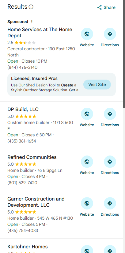 Google Maps results screenshot showing DP Build, LLC at position 2 for "build detached garage"