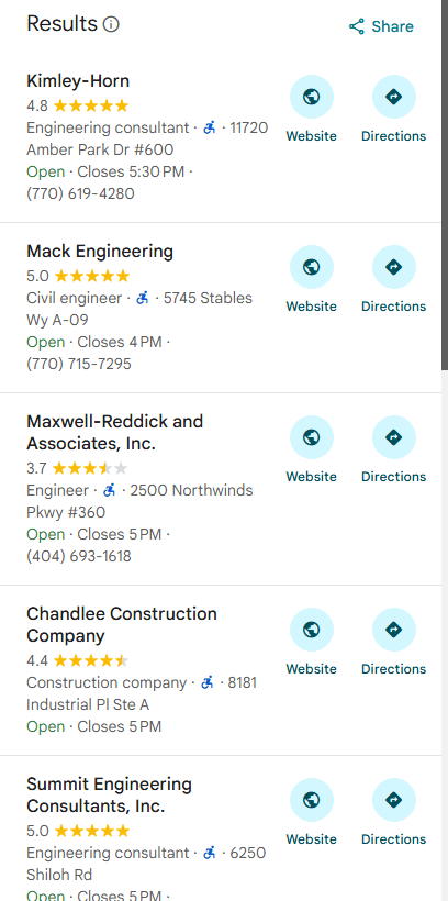 Google Maps results screenshot showing Mack Engineering at position 2 for "civil engineering site planning"