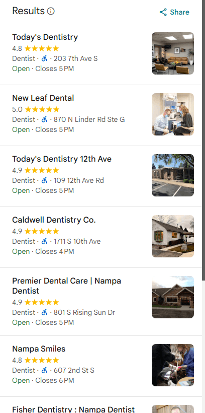 Google Maps results screenshot showing Today's Dentistry at position 1 for "dentist"